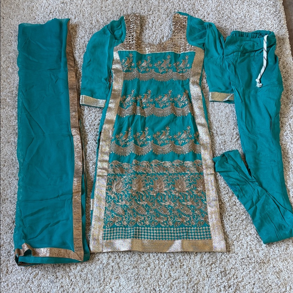 Teal & Gold Embroidered Salwar Kameez Set